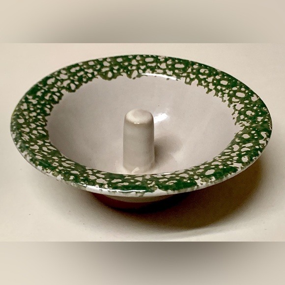 Vintage Unused Glazed Clay Pottery ORIGINAL APPLE BAKER Green Spongeware Trim - Picture 8 of 16